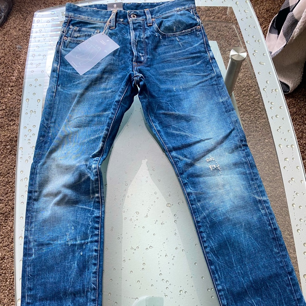 Men's “G Star Raw” BlueJeans, W28, L 32; 3301 tapered, (NWT)
